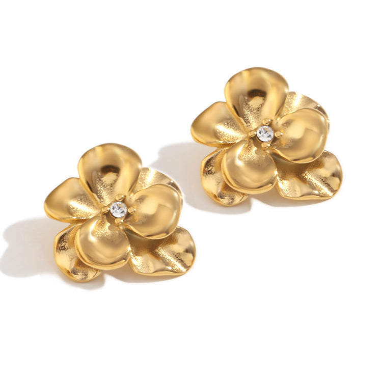 Vintage Floral Double-Layer Rhinestone Stud Earrings for Women in Stainless Steel with 18K Gold Plating