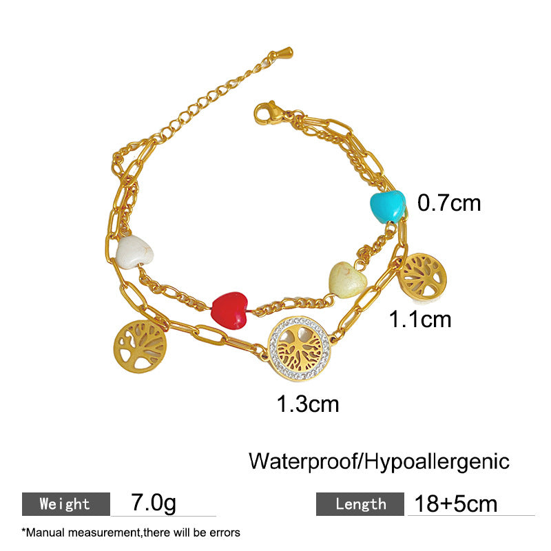 Unique Blue Eye Tree of Life Double Layer Titanium Steel Bracelet with Cute Elephant and Plant Pendant