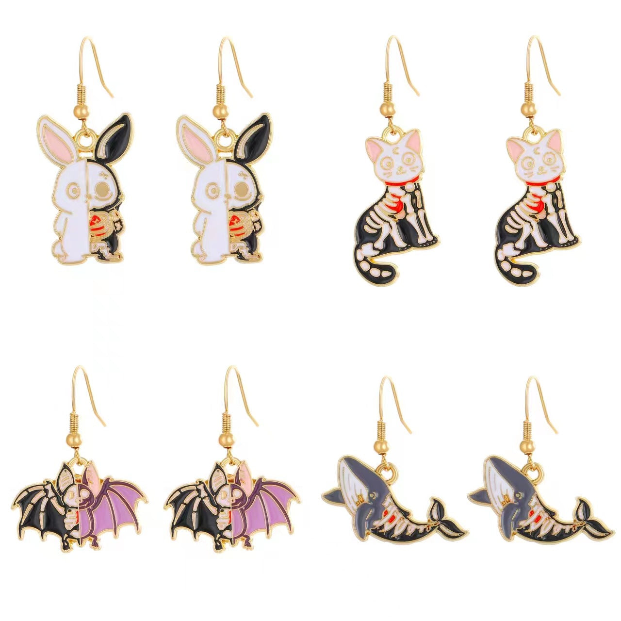 Halloween Cartoon Animal Earrings for Women Zinc Alloy Electroplated Fashion Ear Hooks with Rabbit Bat and Cat Designs