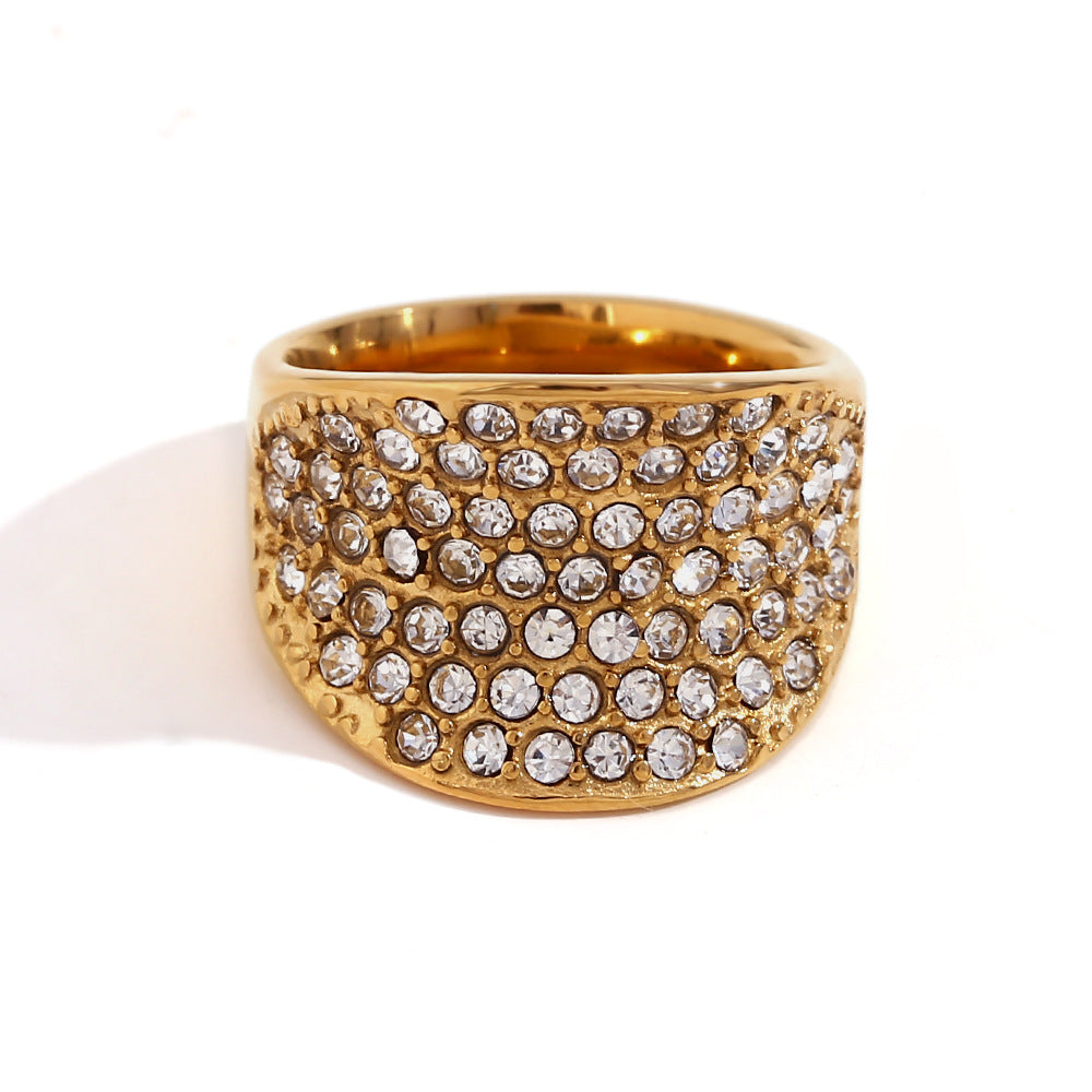 Minimalist Geometric Stainless Steel Plated 18K Gold Wide Concave Finger Ring with Micro-Pavé Rhinestones for Women