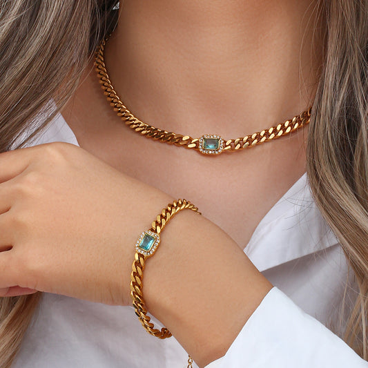Collana da donna alla moda con catena cubana geometrica in acciaio inossidabile con strass placcata