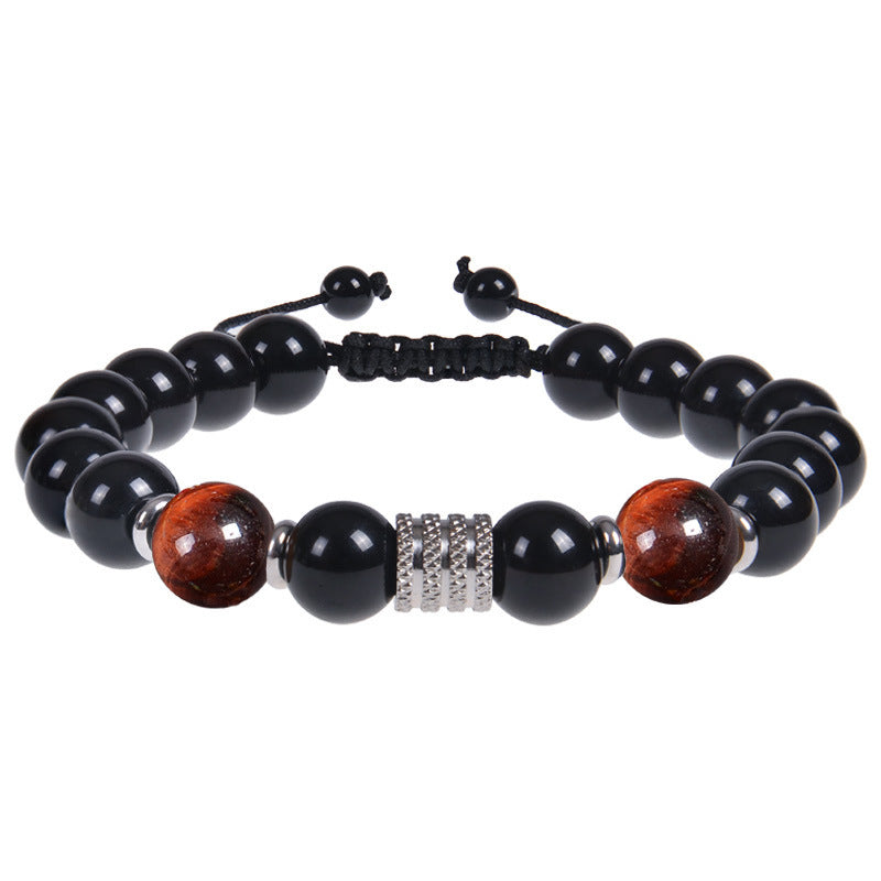 Minimalist Vintage Geometric Round Natural Obsidian Tiger Eye Stainless Steel Bracelet Unisex