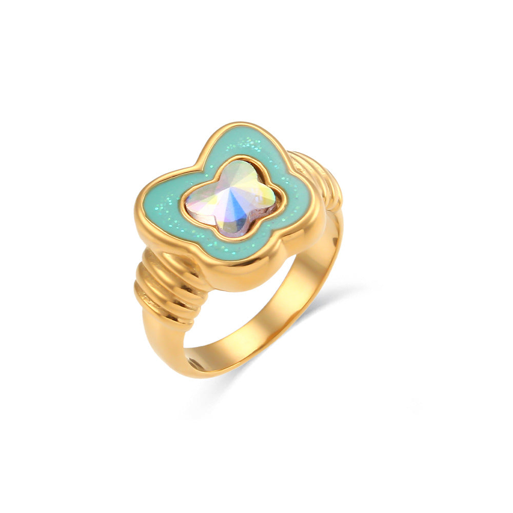 Elegant Butterfly-Shaped Stainless Steel Ring with Rhinestone Accents and Enamel Finish for Women