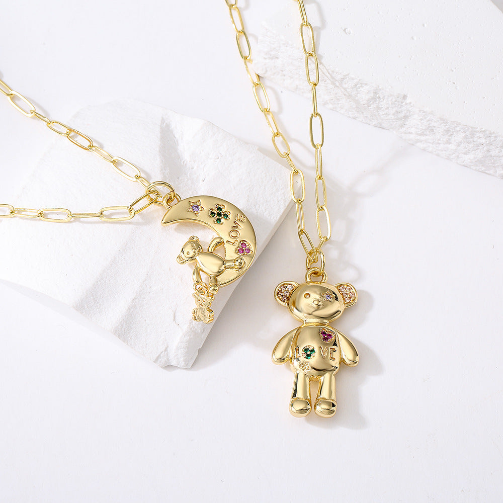 Cute Style Geometric LOVE Bear Pendant Necklace for Women with Copper Base Plated in 18K Gold and Micro-Paved Zirconia