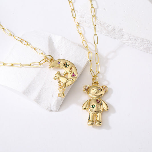 Collar con colgante geométrico de oso LOVE de estilo lindo para mujer, con base de cobre bañada en oro de 18K y circonitas micropavé