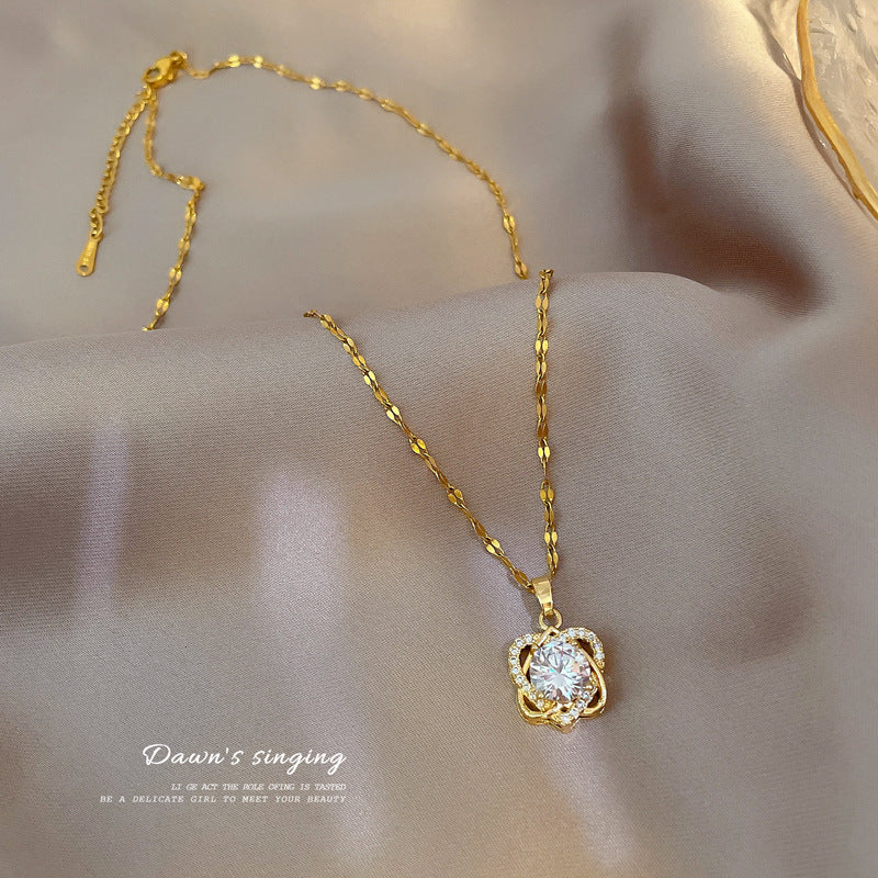 Luxury Titanium Steel Heart-Shaped Micro-Paved Necklace for Women Delicate Clavicle Chain with Geometric Design