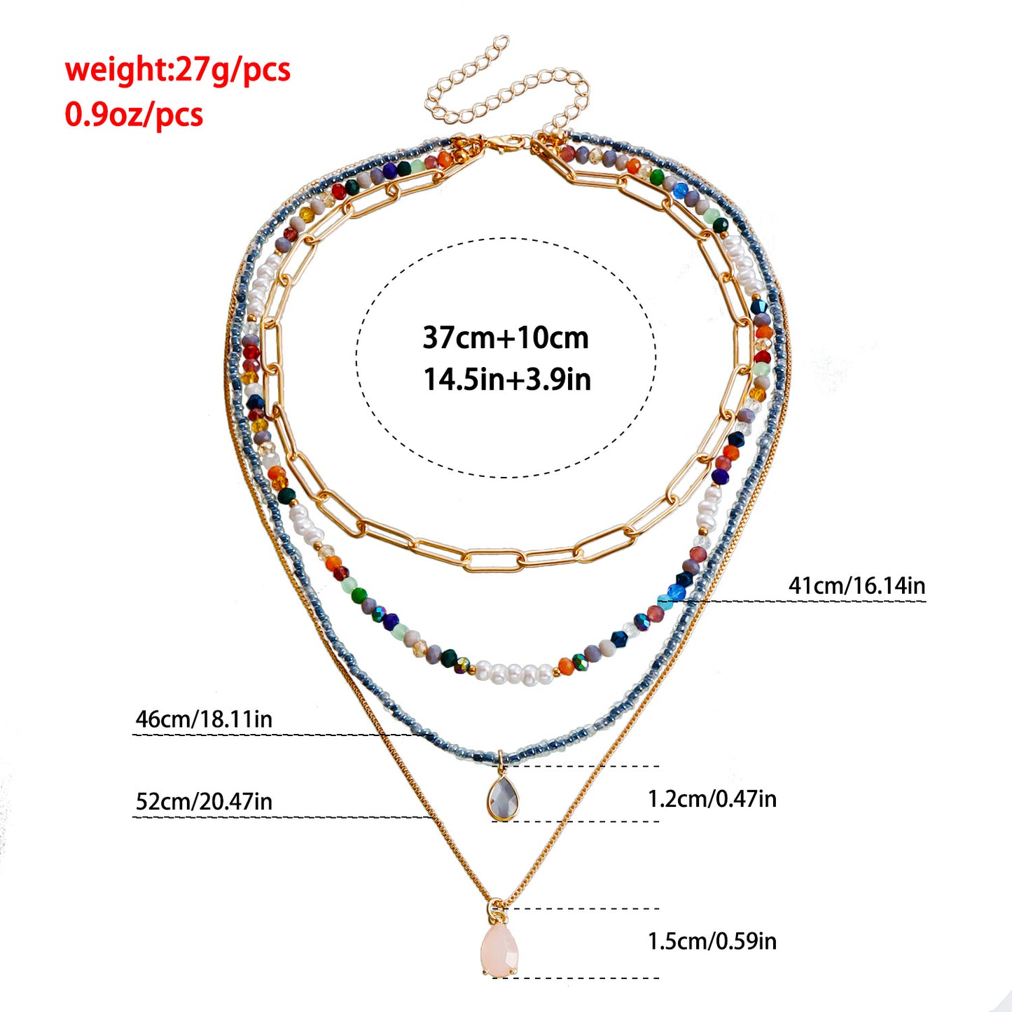 Bohemian Multi-Layer Beaded Necklace with Geometric Shape Alloy Pendant, Electroplated Finish, Fashionable Clavicle Chain for Women