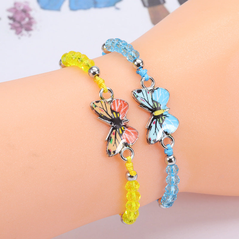 Sweet Colorful Crystal Butterfly Beaded Bracelet Silver Plated Unisex Hand Jewelry