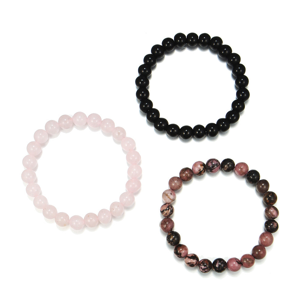 Bohemian Style Rose Quartz and Black Agate Beaded Stretch Bracelet Unisex Geometric Yoga Prayer Beads