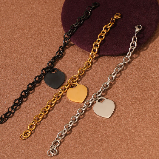 Fashionable Minimalist Heart-Shaped Titanium Steel Bracelet for Women with Mirror Polish and Engraving Option