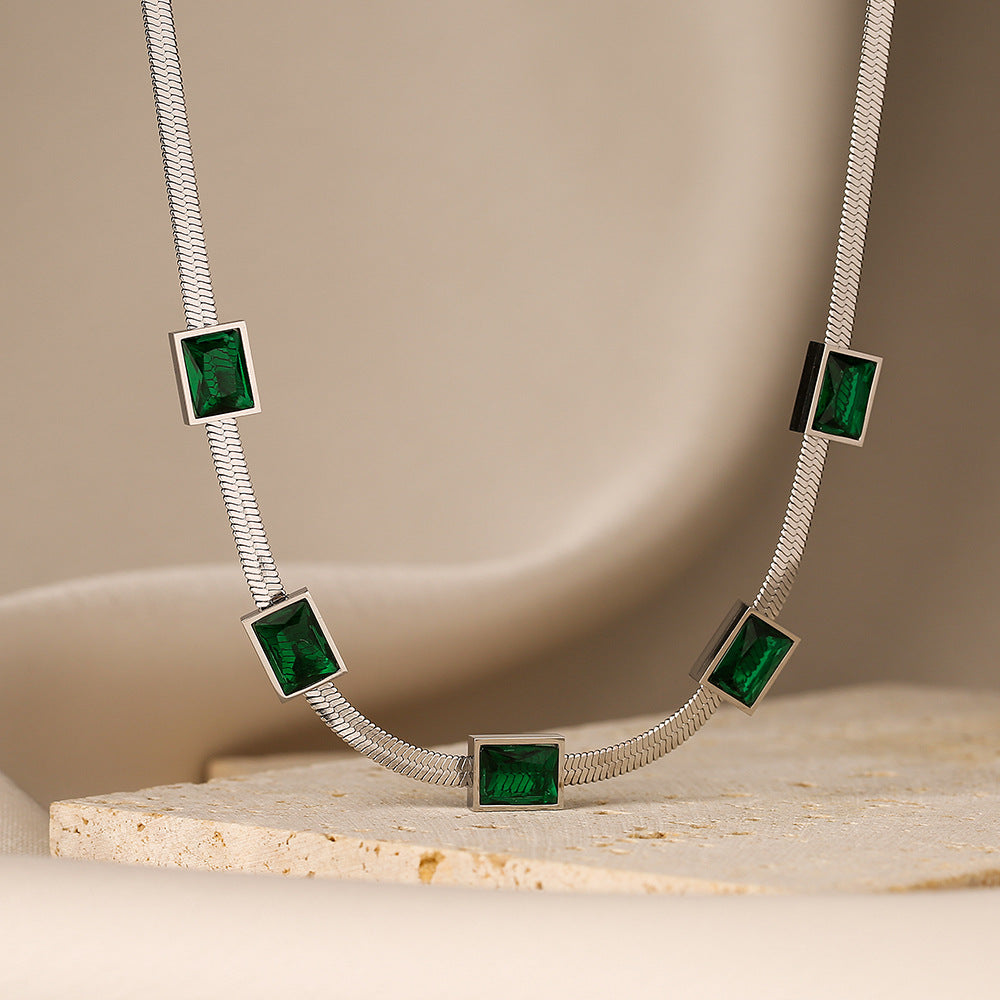 Minimalist Geometric Emerald Zirconia Titanium Steel Snake Chain Necklace for Women