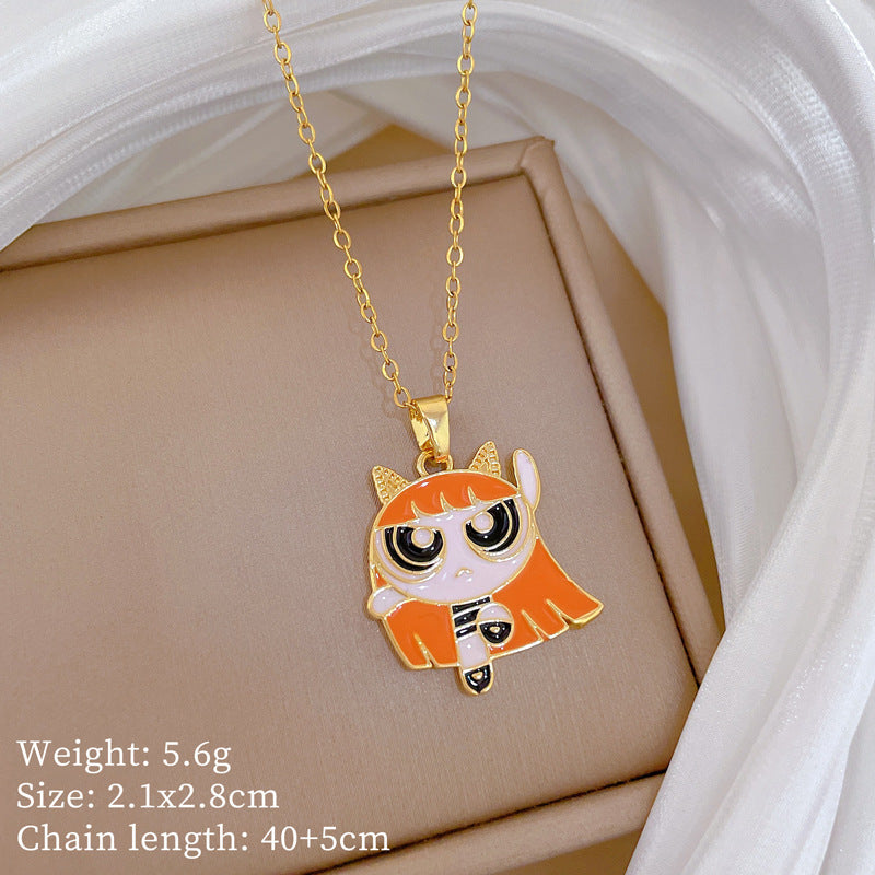 Sweet Cartoon Moon Geometric Rhinestone Pendant Titanium Steel Necklace for Unisex