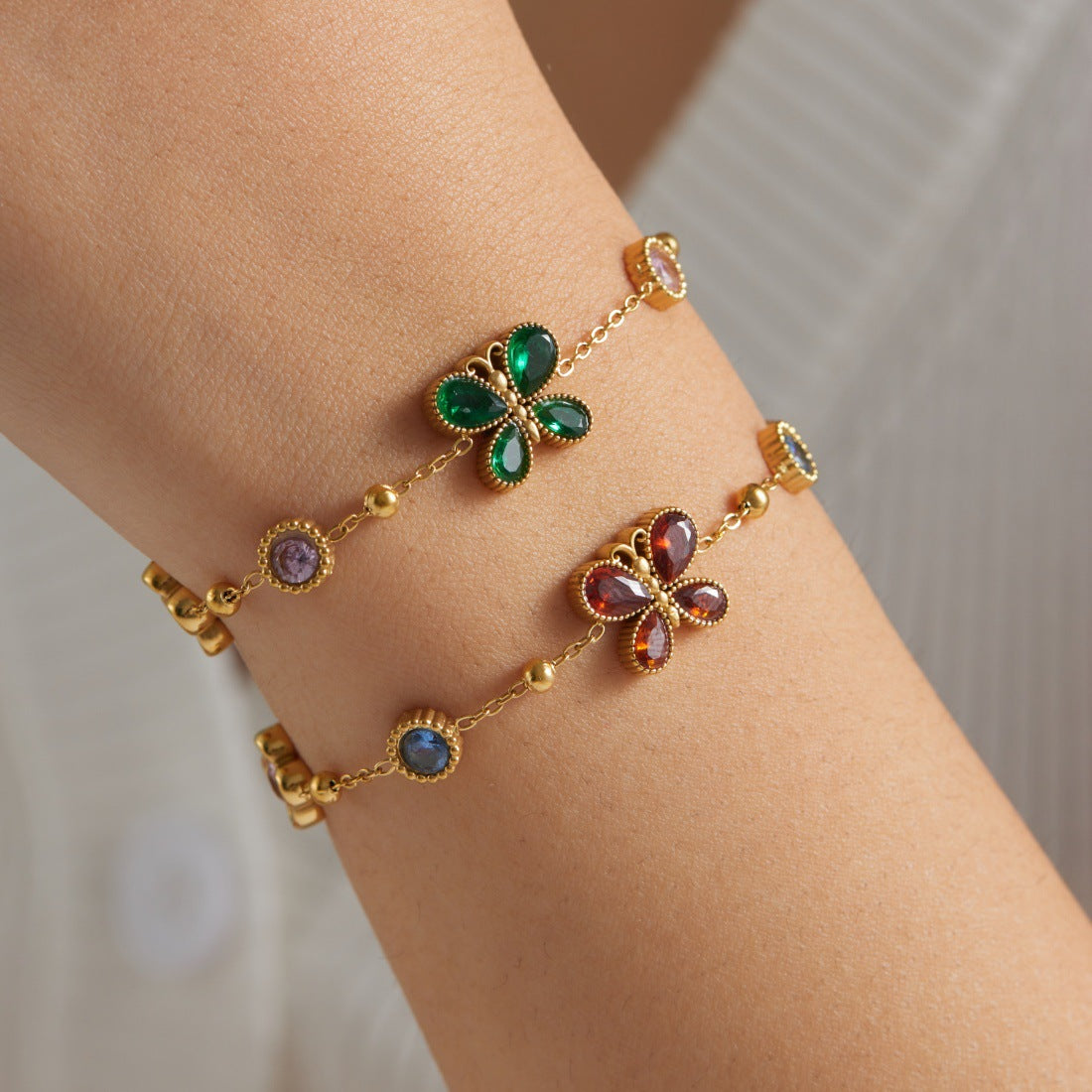 Gold Plated Stainless Steel Butterfly Flower Round Rhinestone Bracelet for Women