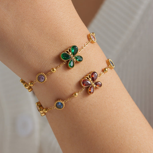 Gold Plated Stainless Steel Butterfly Flower Round Rhinestone Bracelet for Women