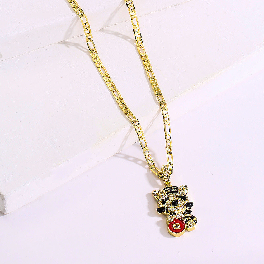 Ins Style Geometric Tiger Head Pendant Necklace for Women with Copper Base Plated in 18K Gold and Zircon Inlay