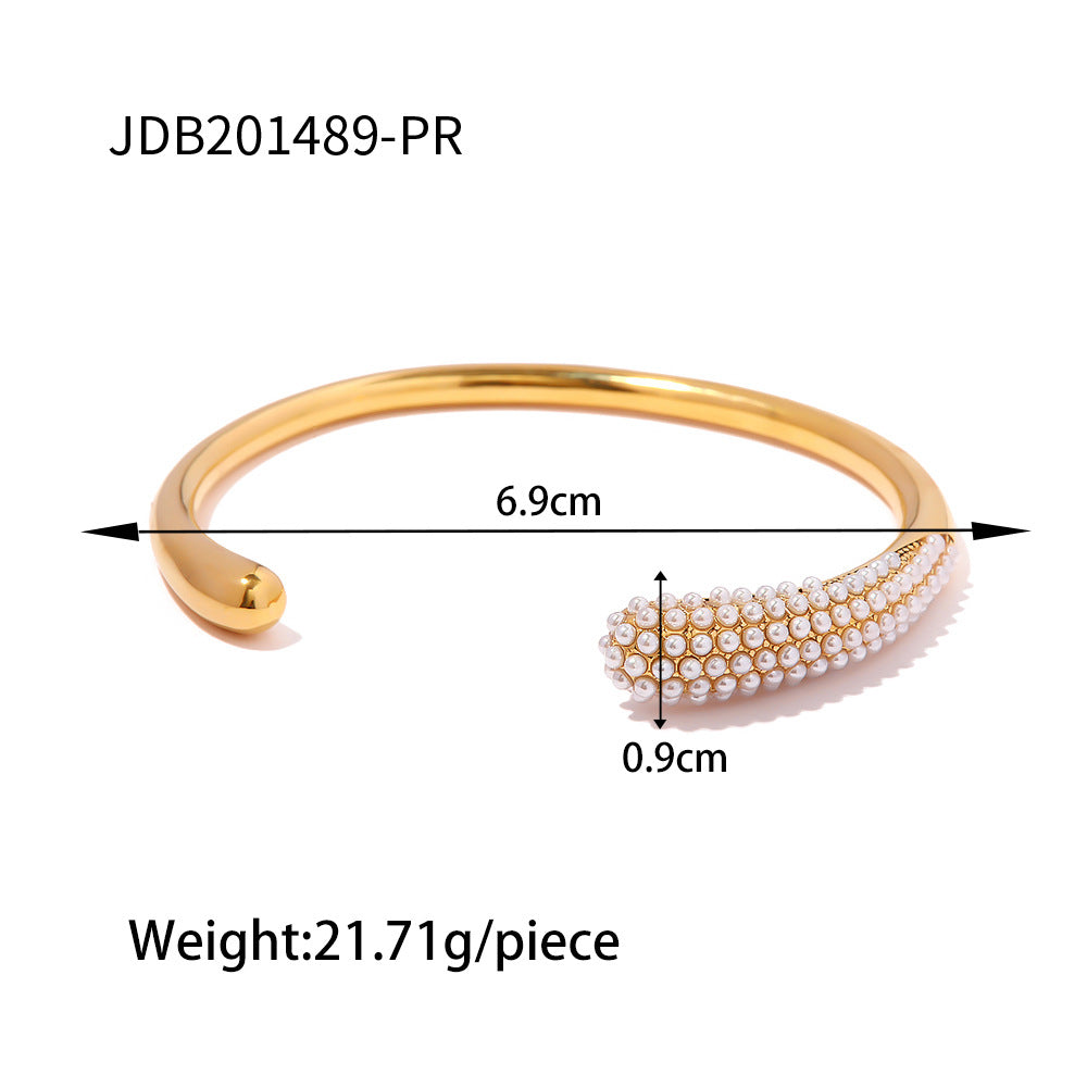 Bracciale a Polsino Aperto Geometrico alla Moda da Donna con Acciaio Inossidabile Placcato Oro 18K e Accento di Perle