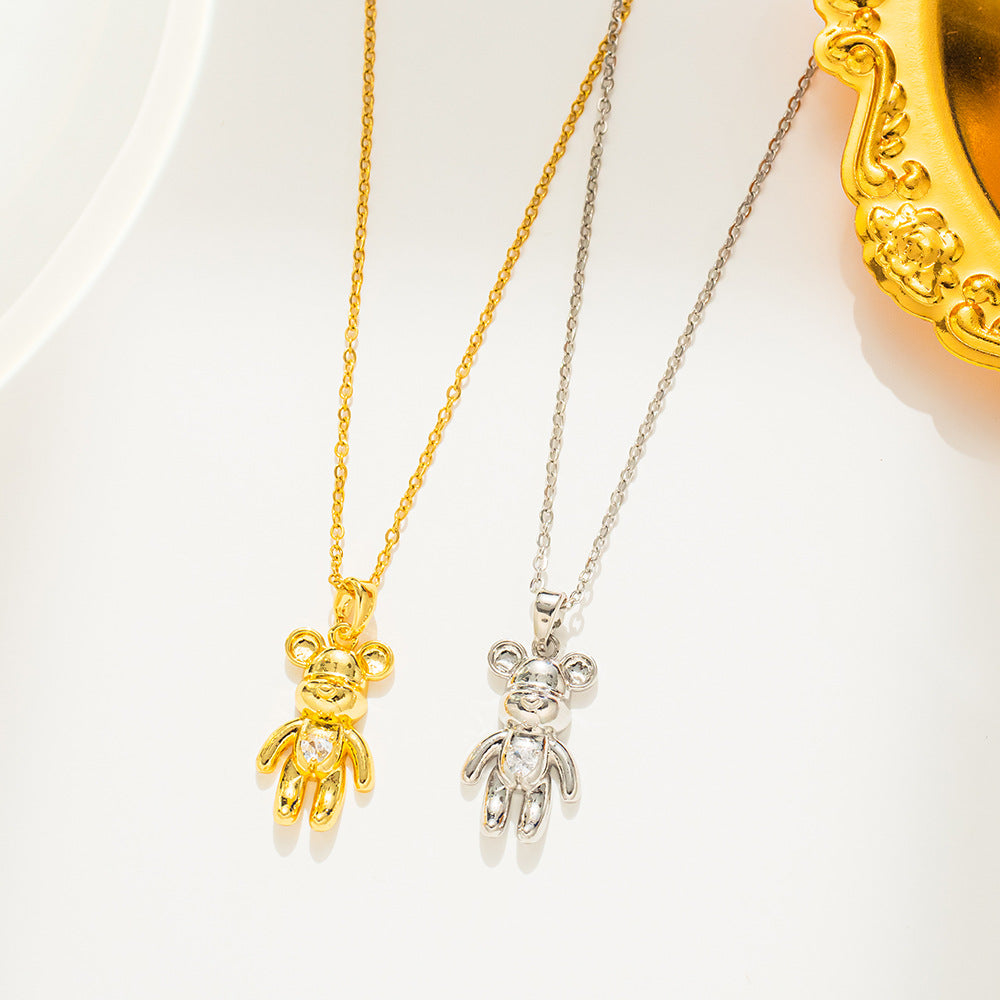 Collana con ciondolo orso minimalista da donna in acciaio al titanio con intarsio di strass su catena a O