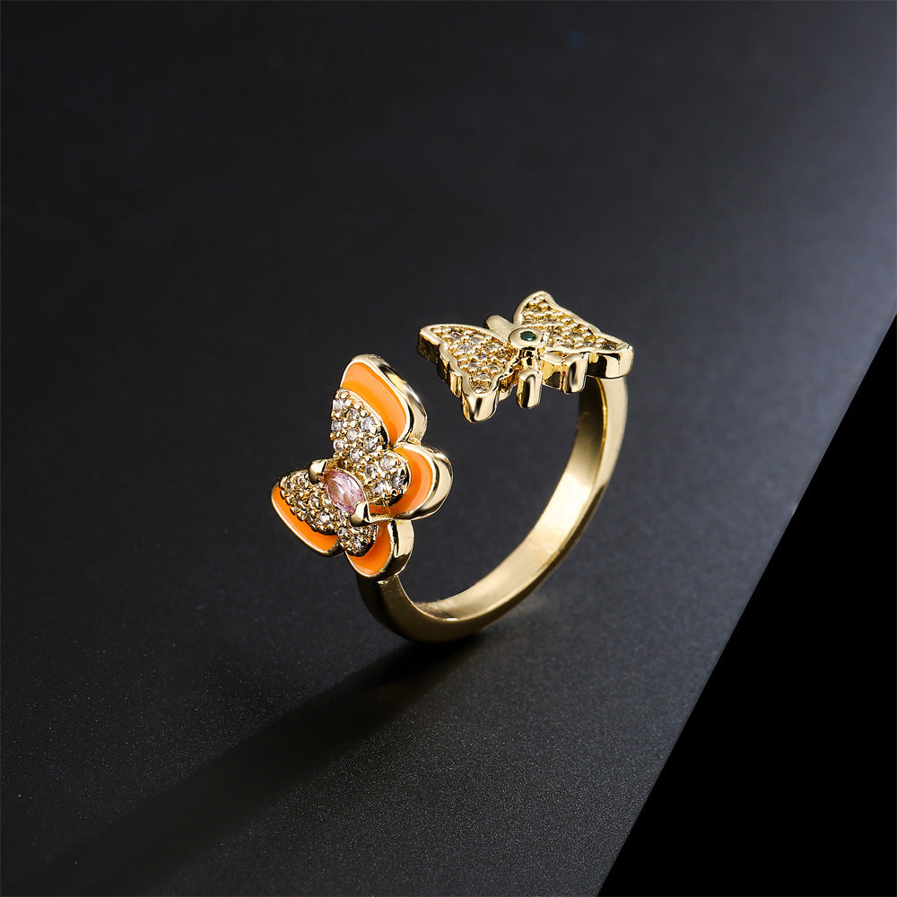 Anello a farfalla aperto stile naturale in rame placcato oro 18K con zirconi micro-incastonati