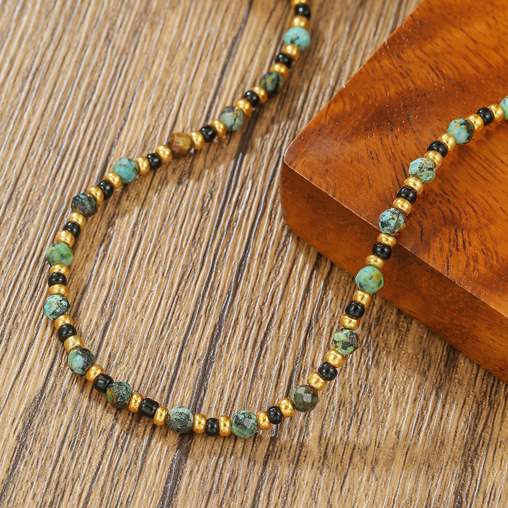 Minimalist Geometric Round Natural Crystal and African Turquoise Beaded Alloy Necklace for Women