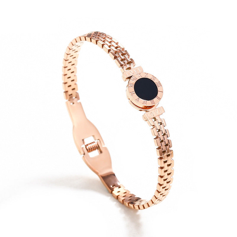 Minimalist 18K Gold Plated Titanium Steel Roman Numeral Watch Style Cuff Bracelet for Women