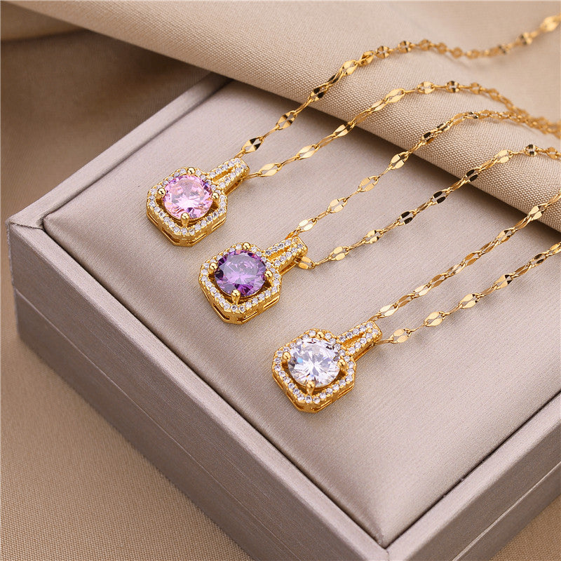 Fashion Square Pendant Necklace in Titanium Steel with Rhinestone Inlay and Gold Plating for Women