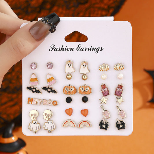 Gothic Drip Oil Alloy Charm Bar Halloween Ghost Pumpkin Bat Pendant