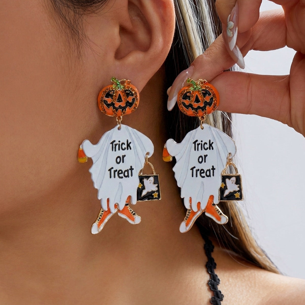 Halloween Geometric Pumpkin Skull Drip Oil Rhinestone Alloy Earrings Unisex