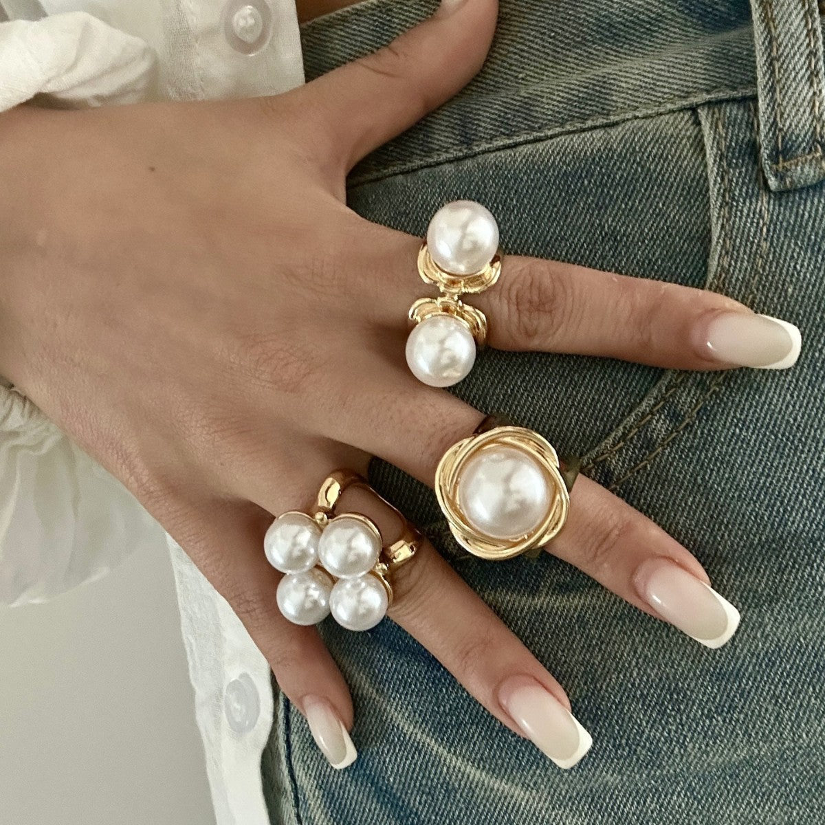 Set de Anillos de Aleación Barrocos Huecos con Perlas de Imitación Elegantes para Mujer