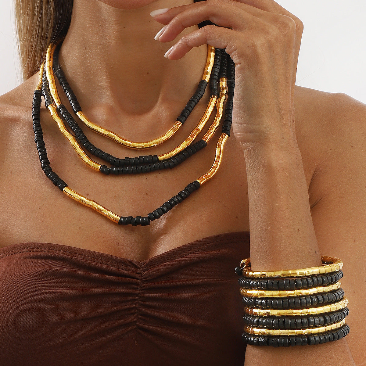 Bracciale in lega e perline di legno stile Punk Vintage con forme geometriche, set di bracciali multistrato fatti a mano e impilabili
