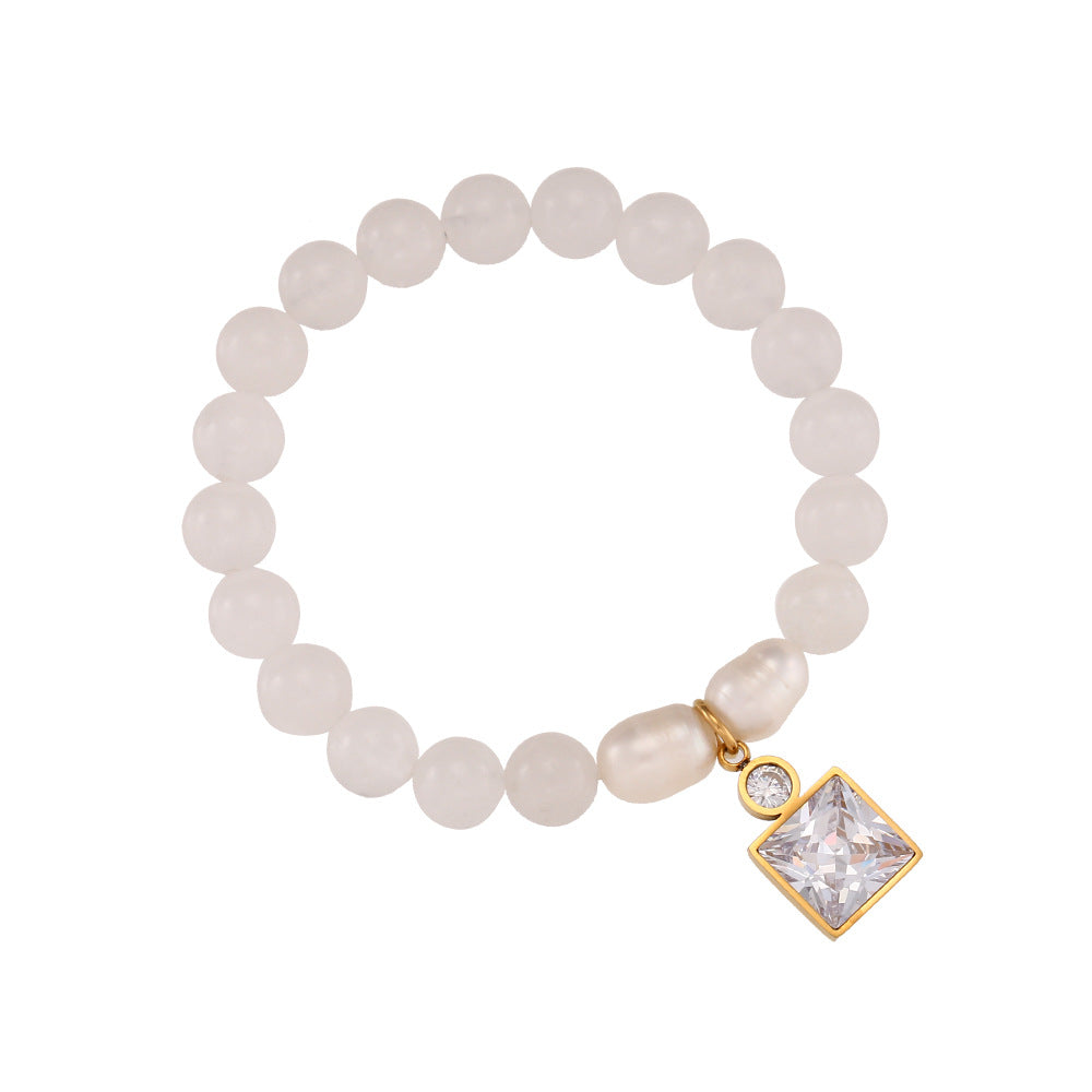 Bracciale da donna alla moda in acciaio inossidabile placcato oro 18 carati, con perline di pietra naturale e zirconi geometrici