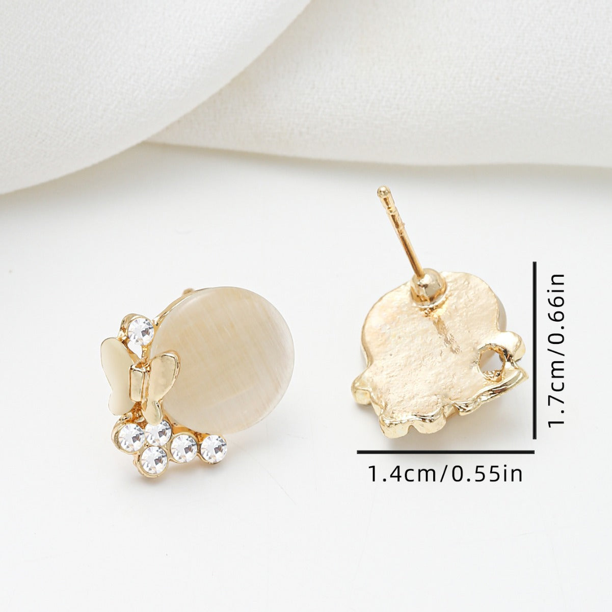 Butterfly-Shaped Copper Stud Earrings with Natural Cat's Eye Stone and Zircon Inlay for Women