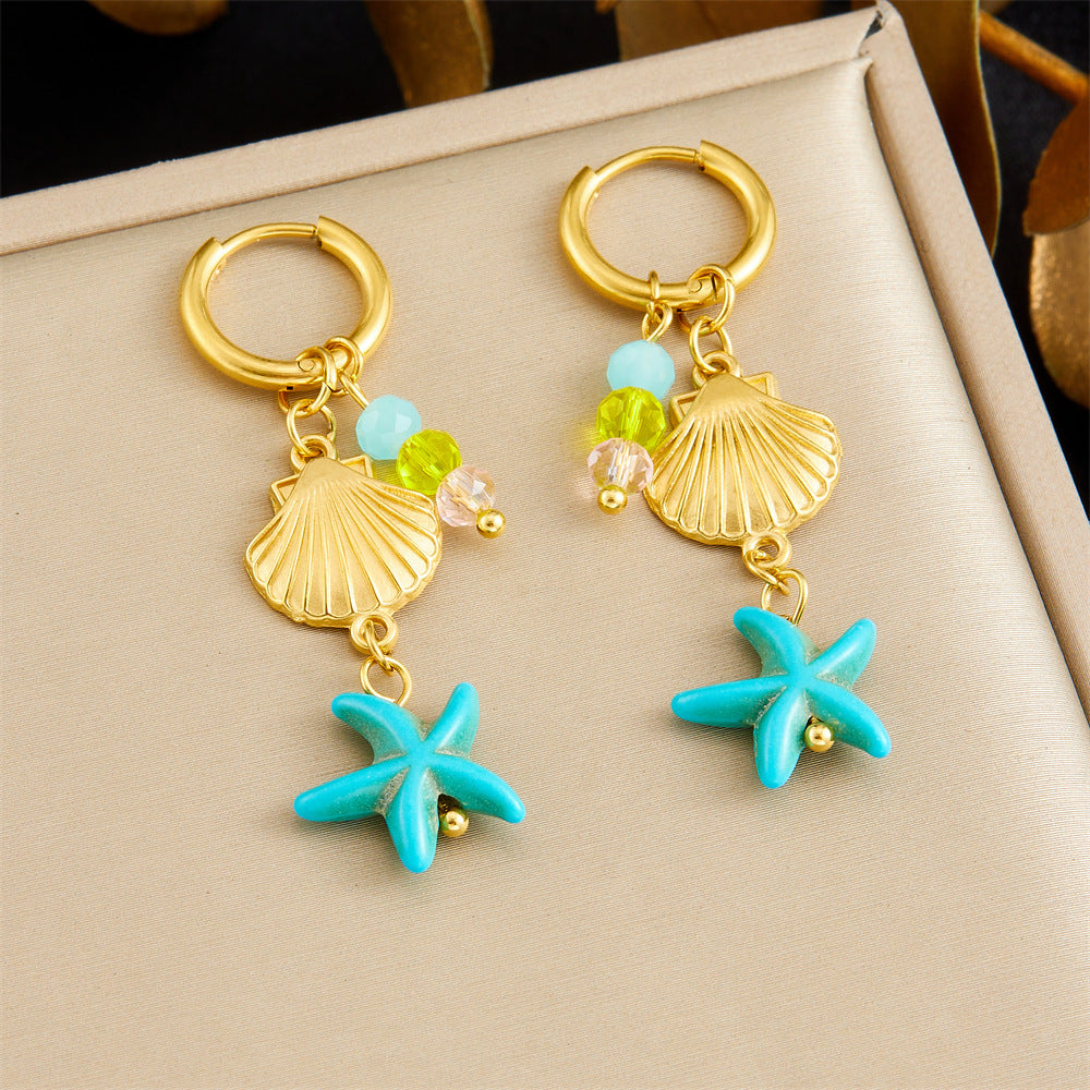 Casual Elegant Star Stainless Steel Plated Colorful Beaded Starfish Dangle Earrings for Women