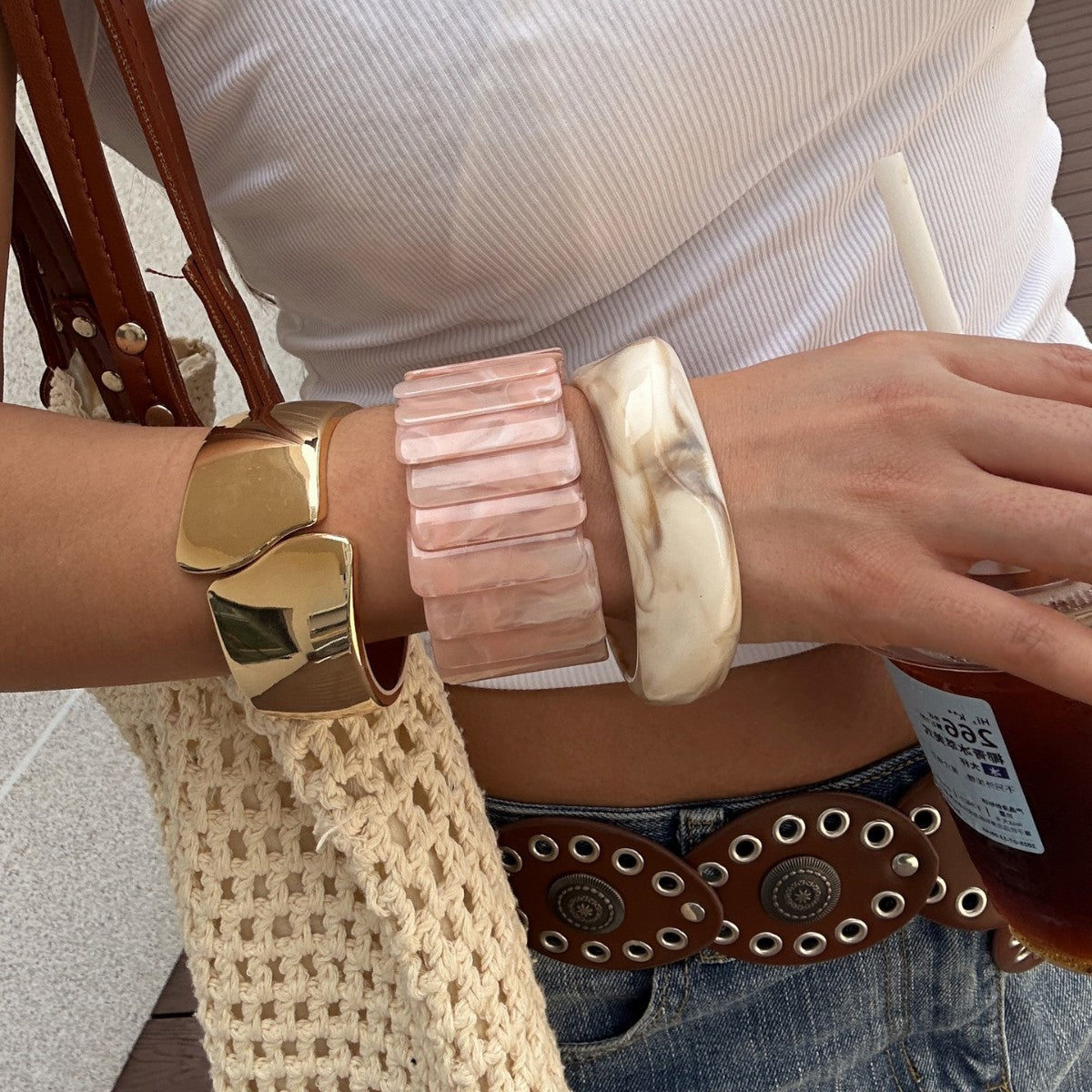 Pink Geometric Gradient Resin Drip Oil Open Cuff Bracelet for Women
