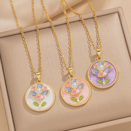 Collar Pendiente Floral Minimalista de Acero de Titanio con Acabado Esmaltado, Diseño de Tulipán y Camelia, Cadena O, Joyería de Lujo Ligera para Mujer