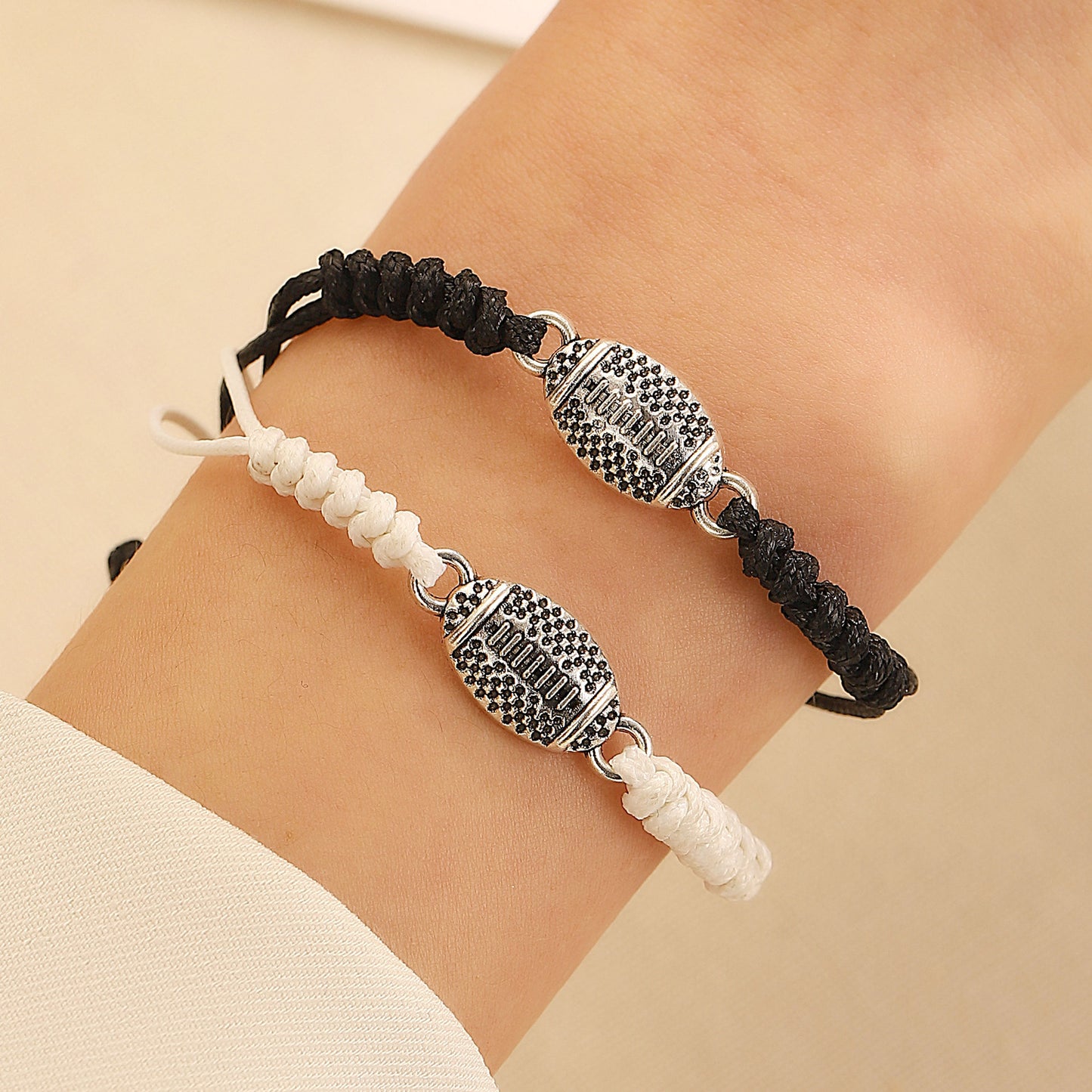 Black and White Contrast Geometric Round Alloy Plated Bracelet Set for Couples