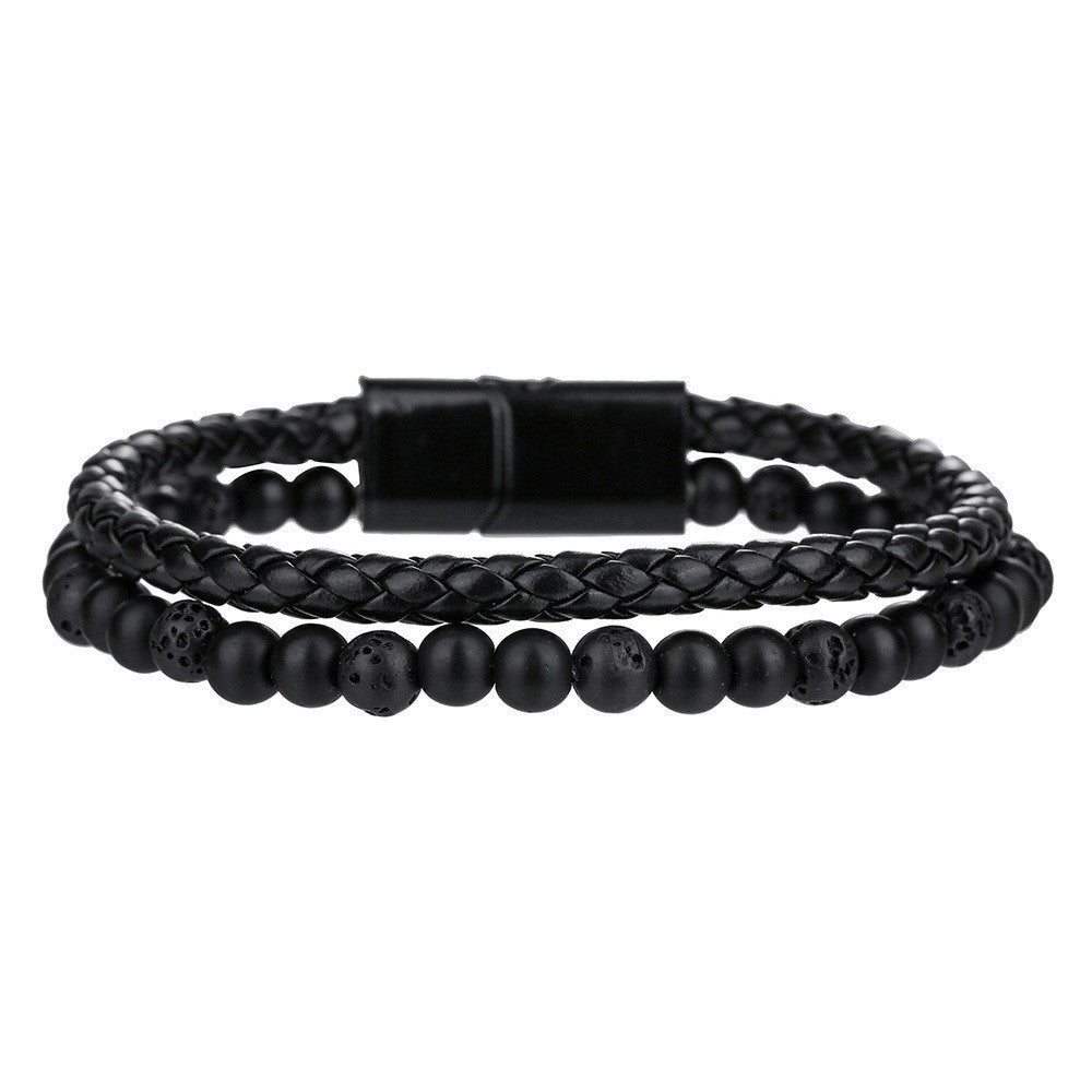 Hip-hop Punk Geometric Round Tiger's Eye Agate Hematite Leather Beaded Bracelet Set for Men