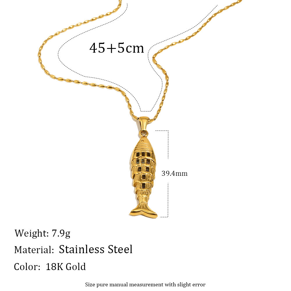Luxury 18K Gold Plated Geometric Fish Checkered Stainless Steel Pendant Necklace for Women