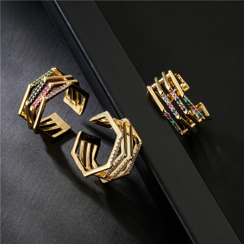 Anello Aperto Geometrico da Donna in Rame con Placcatura in Oro 18K e Dettagli in Zirconia Micro-Pave