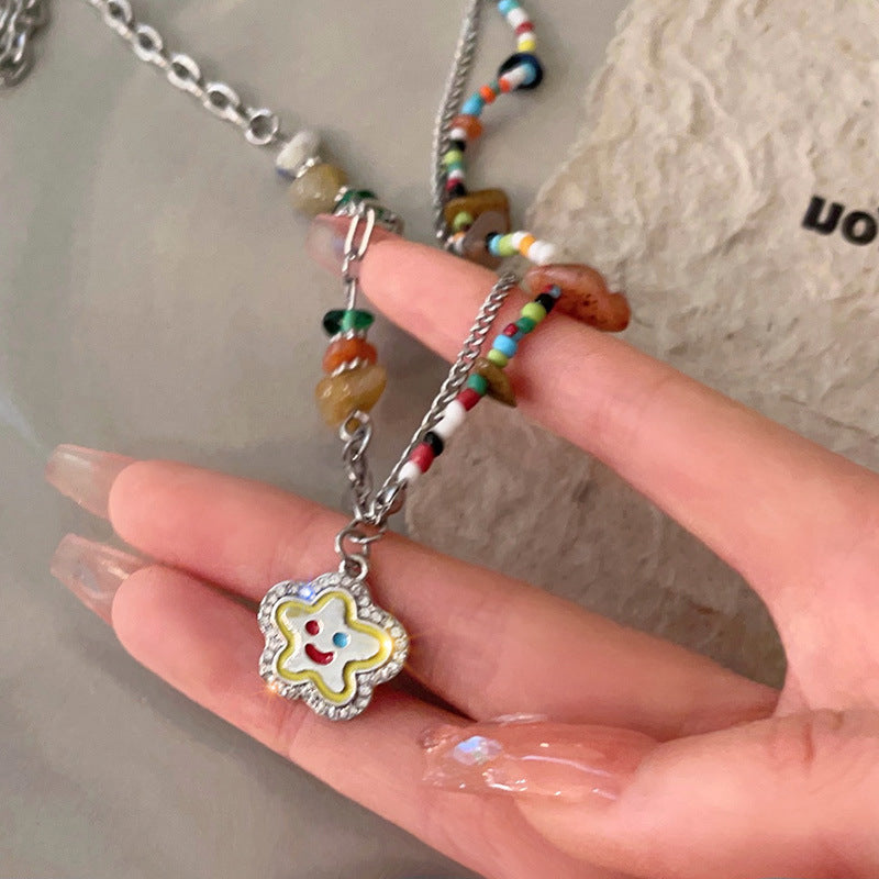 Collar Dopamina Multicolor de Perlas Estilo Caricatura de Candy Land para Mujer en Acero de Titanio con Acabado Chapado y Cadena de Cruz