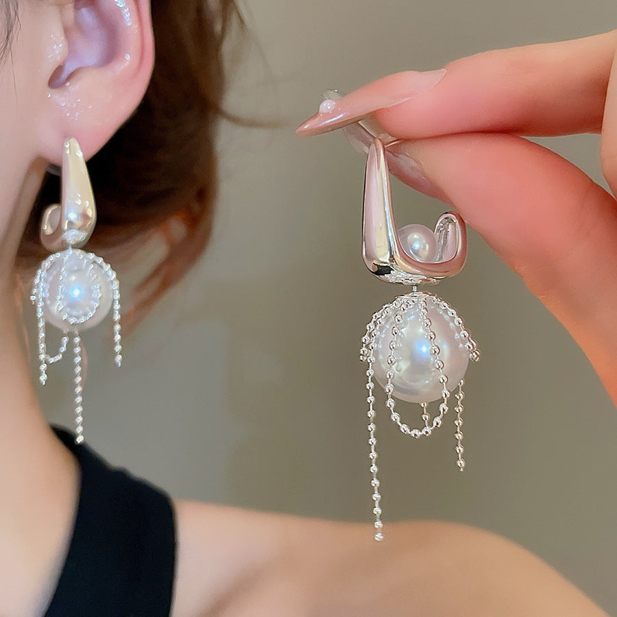 Pendientes de perlas geométricos para mujer con detalles de circonitas, postes de acero galvanizado, estilo retro lujoso y elegante para otoño e invierno