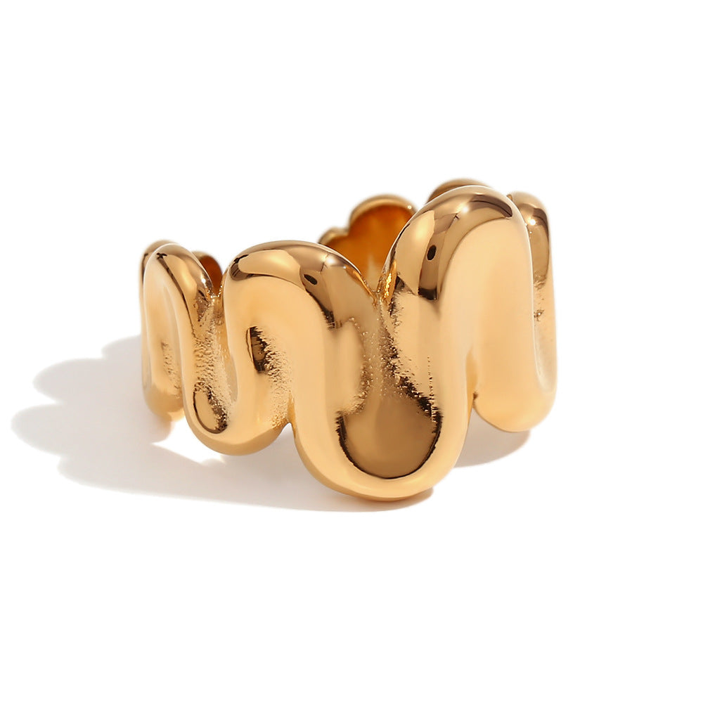 Anello da donna a forma di ventaglio in acciaio inossidabile placcato oro 18 carati con onda geometrica vintage