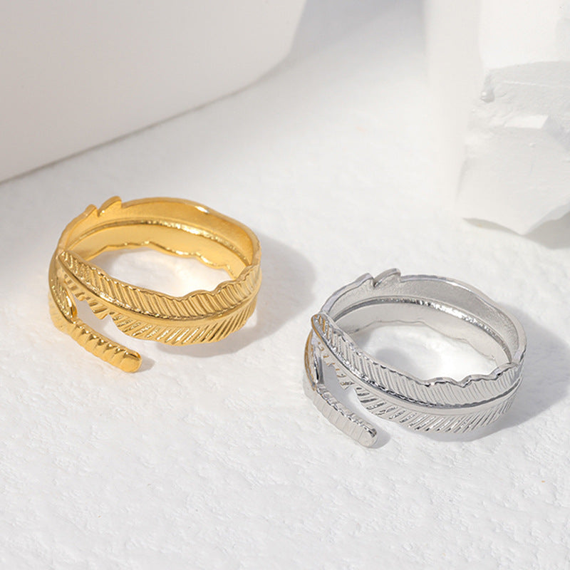 Minimalist Feather-Shaped Titanium Steel Adjustable Open Ring for Women with Plated Finish