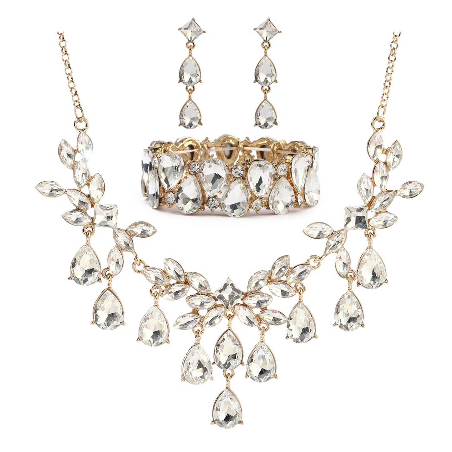 Natural Floral Fresh Sweet Rhinestone Drop Pendant Necklace Set for Women with Alloy Pendant, Glass Inlay, Plated Finish, Box Chain, Earrings and Bracelet