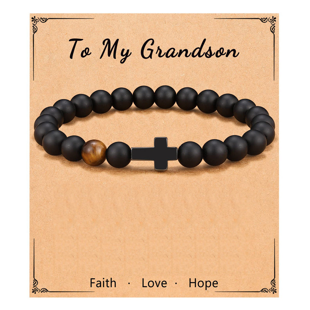 Matte Natural Black Agate and Yellow Tiger Eye Cross Bracelet Unisex 8mm Beaded Hand Chain