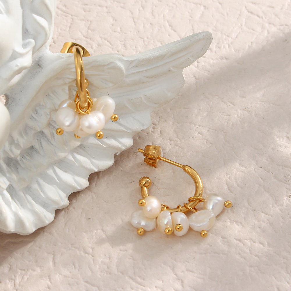 Minimalist Fresh Multi-Layer Pearl Earrings with Geometric Design in Plated Metal for Women