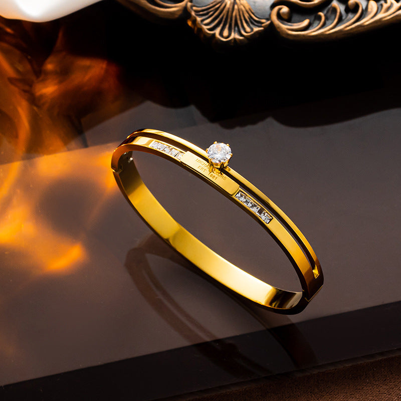 Minimalist Rose Gold Plated Titanium Steel Bracelet with Double Row Zircon and Star Accent for Women