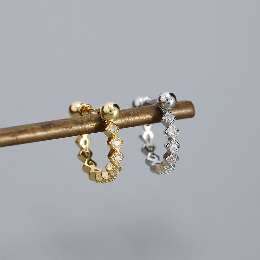 Sweet-Edgy Geometric Rhinestone-Inlaid Round Ear Cuffs for Cartilage Piercing in Sterling Silver 925
