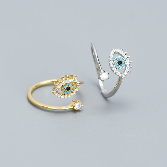 Anillo Abierto Ajustable Minimalista con Forma de Ojo de Demonio de Plata Esterlina 925 con Baño de Oro para Dedo Índice