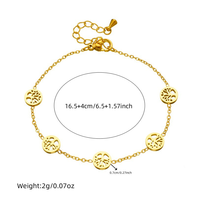 Set di collana, orecchini e bracciale con ciondolo tondo ad albero placcato in acciaio inossidabile, stile chic da ufficio minimalista