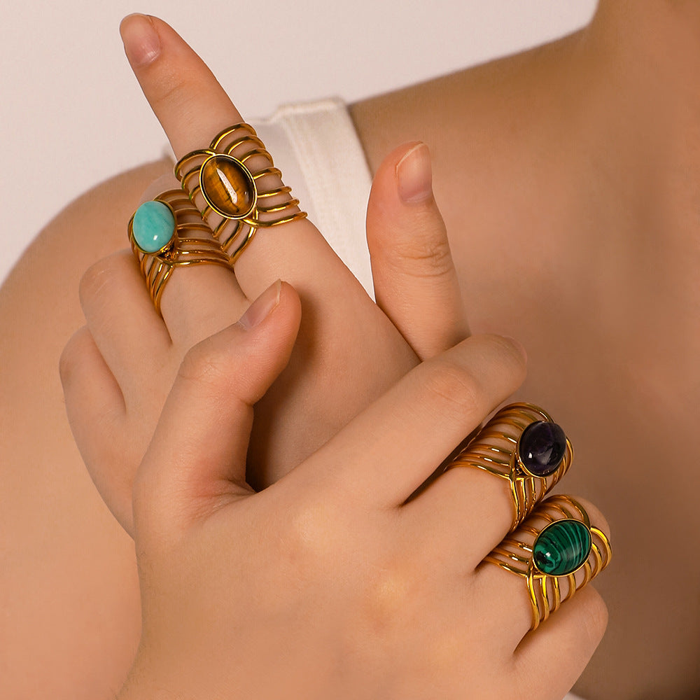 Anello geometrico in acciaio inossidabile stile vintage con placcatura in oro 18 carati e intarsio in pietra naturale da donna